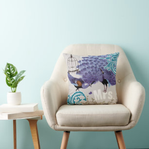 Frau Teal Damast Lila Vintage Pfau Vogelkäfig Kissen