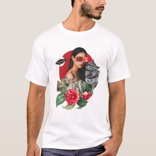 Frau, Tempel, Blume Collage T-Shirt (Vorderseite)