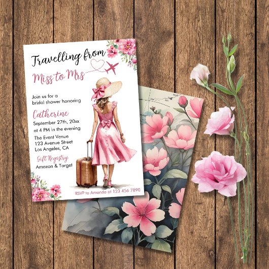 Frau Travel Pink Bow Dress Brautparty Einladung