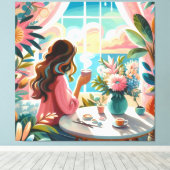 Frau trinkt Kaffee Leinwanddruck (Insitu (Holzboden))