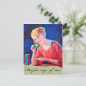 Frau trinkt perfekte Tasse Tee, Vintag Postkarte (Stehend Vorderseite)