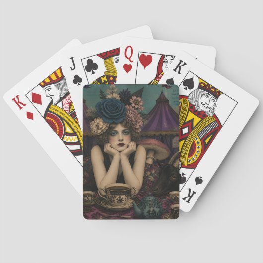 Frau trinkt Tee im Zirkus mit schwarzer Ziege Spielkarten (Rückseite)