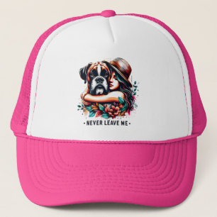 Frau umarmt Bulldog in Hut Truckerkappe