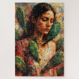 Frau umarmt Kaktus Feigenkaktus Symbolisch Puzzle