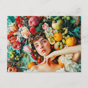 Frau, umgeben von Früchten und Blüten Postkarte