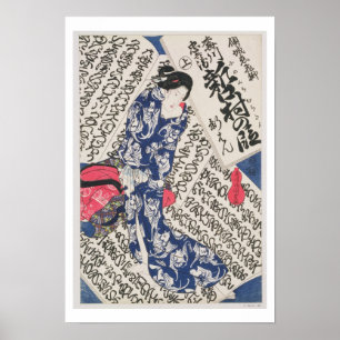 Frau umgeben von Kalligrafie (Farbholz Poster