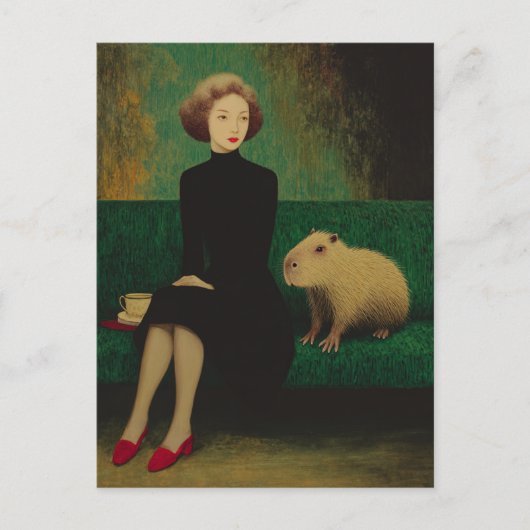 Frau und Capybara auf dem Sofa Postkarte (Vorderseite)