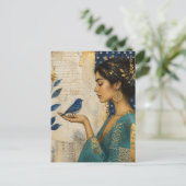 Frau und ein blauer Vogel Postkarte (Stehend Vorderseite)