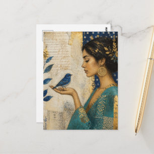 Frau und ein blauer Vogel Postkarte