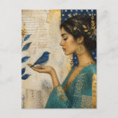 Frau und ein blauer Vogel Postkarte (Vorderseite)