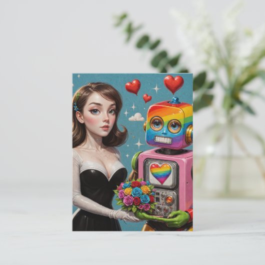 Frau und ein Rainbow Robot Wedding Postkarte (Stehend Vorderseite)