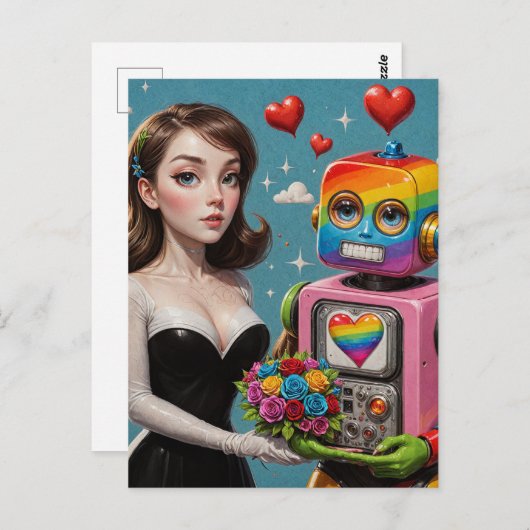 Frau und ein Rainbow Robot Wedding Postkarte (Vorne/Hinten)
