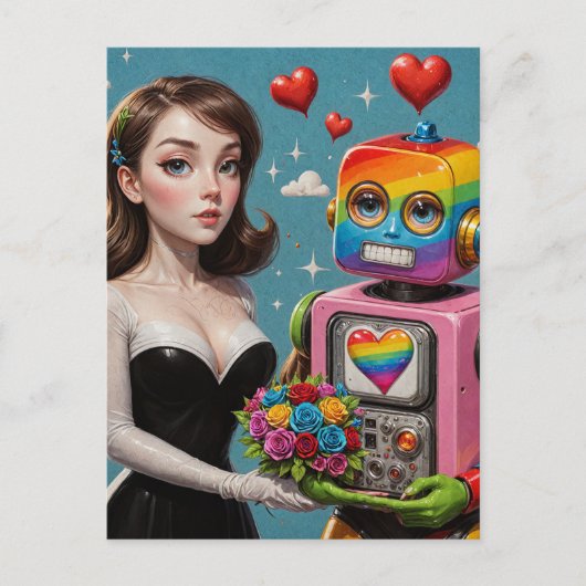 Frau und ein Rainbow Robot Wedding Postkarte (Vorderseite)