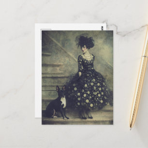 Frau und ein süßer Hund auf der Treppe Postkarte