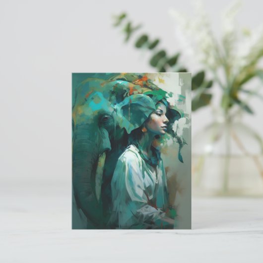 Frau und Elefantin Postkarte (Stehend Vorderseite)