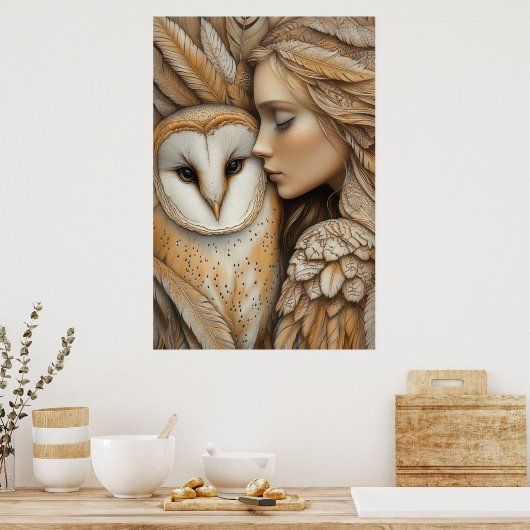 Frau und Eule in Feathers Poster (Küche)