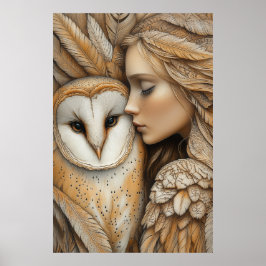 Frau und Eule in Feathers Poster