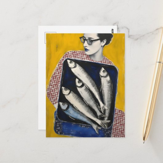 Frau und Fisch Postkarte (Vorderseite/Rückseite Beispiel)
