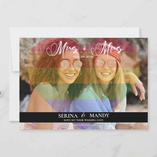 Frau und Frau LGBTQ Transparent Heart Foto Overlay Save The Date (Vorderseite)