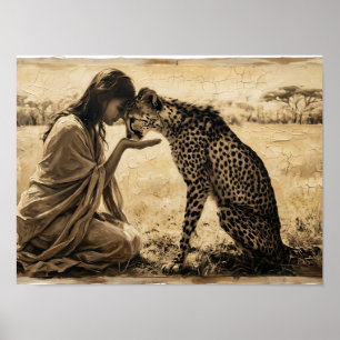 Frau und Gepard Sepia Kunst Poster