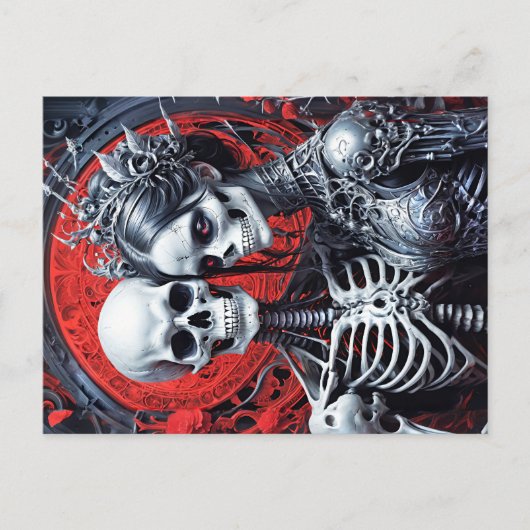 Frau und Herr Skeleton im roten Hintergrund Postkarte (Vorderseite)