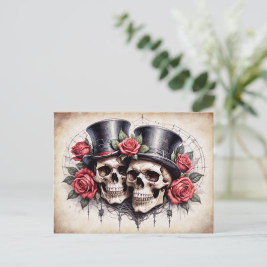 Frau und Herr Skulls mit Top-Hut und Rose Postkarte (Stehend Vorderseite)