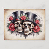 Frau und Herr Skulls mit Top-Hut und Rose Postkarte (Vorderseite)