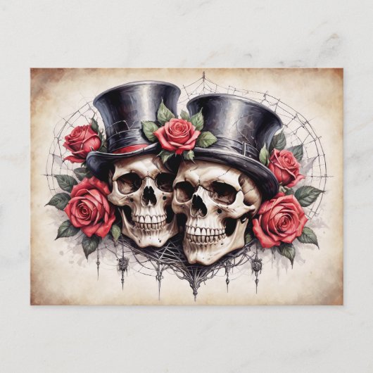 Frau und Herr Skulls mit Top-Hut und Rose Postkarte (Vorderseite)