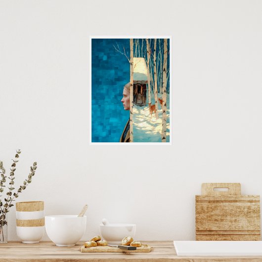 Frau und Hirsche im Schneeburwald durch Hütte Poster (Küche)
