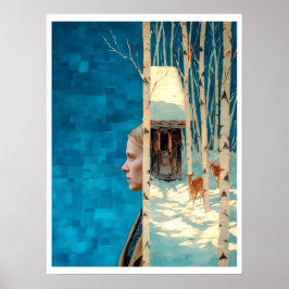 Frau und Hirsche im Schneeburwald durch Hütte Poster
