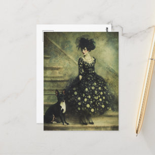 Frau und Hund auf der Treppe Postkarte