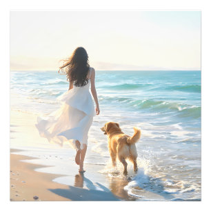 Frau und Hund beim Spaziergang am Strand bei Sonne Fotodruck