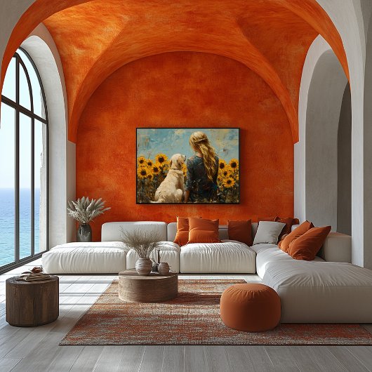 Frau und Hund mit Sonnenblumen - Ölgemälde Poster