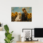Frau und Hund mit Sonnenblumen - Ölgemälde Poster (Heimbüro)