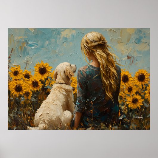 Frau und Hund mit Sonnenblumen - Ölgemälde Poster (Vorne)