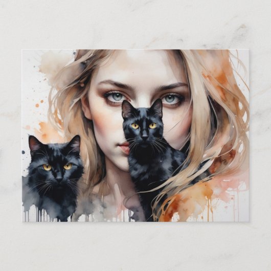 Frau und ihre schwarze Katze, Postkreuz Postkarte (Vorderseite)