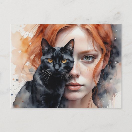 Frau und ihre schwarze Katze, Postkreuz Postkarte (Vorderseite)