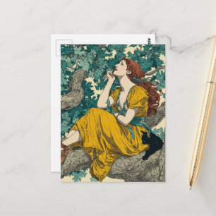 Frau und Katze in einem Baum Postkarte