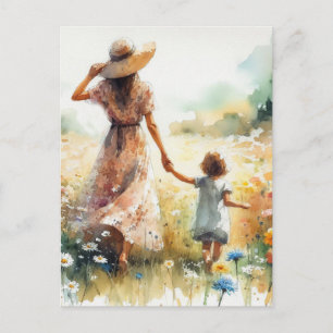 Frau und Kind auf einem Blumenfeld Muttertag Postkarte