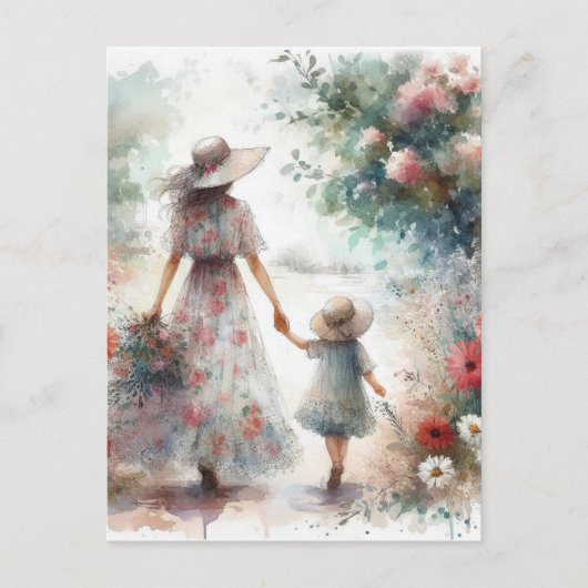 Frau und Kind im Blumengarten zum Muttertag Postkarte (Vorderseite)