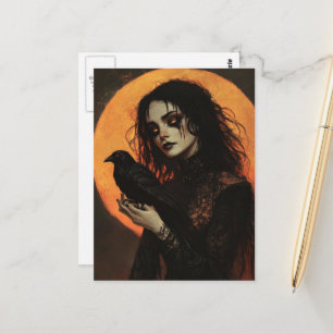 Frau und Krähe Horror Postkarte