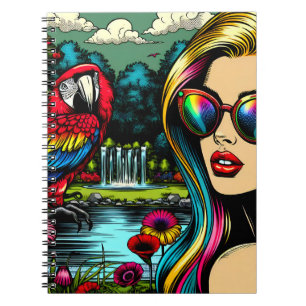 Frau und Papagei im Park Pop Art  Notizblock