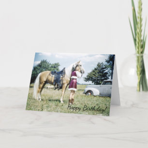 Frau und Pferd, Retro 50 Pony Birthday Wish Karte