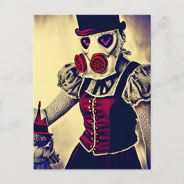 Frau und Puppe in Gasmaske Postkarte