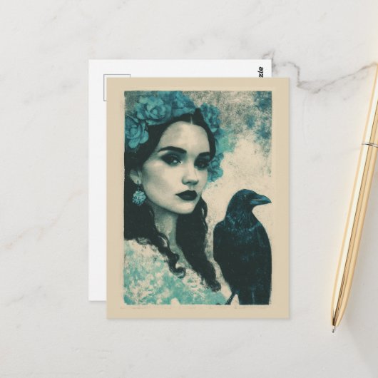 Frau und Rabe Postkarte (Vorderseite/Rückseite Beispiel)