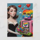 Frau und Regenbogenroboter Postkarte (Vorderseite)