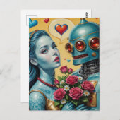 Frau und Roboter in der Liebe Postkarte (Vorne/Hinten)