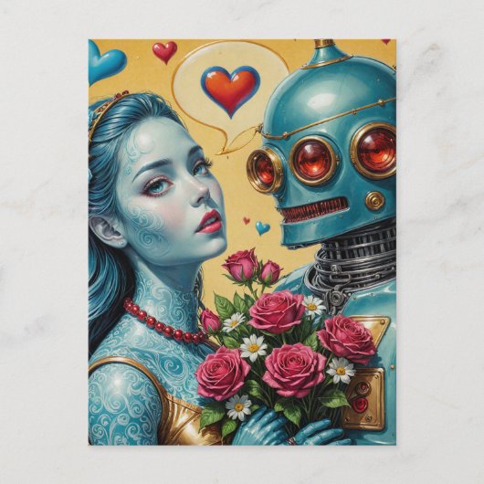 Frau und Roboter in der Liebe Postkarte (Vorderseite)