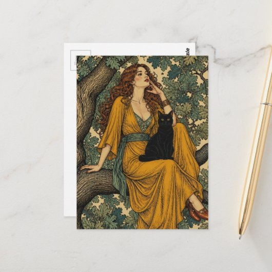 Frau und schwarze Katze in einem Baum Postkarte (Vorderseite/Rückseite Beispiel)
