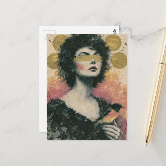 Frau und Vogel Mixed Media Collage Postkarte (Vorderseite/Rückseite Beispiel)